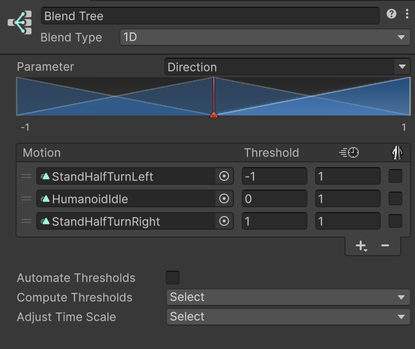 你的截圖:idle Blend Tree — 1D、Direction、StandHalfTurnLeft -1 / HumanoidIdle 0 / StandHalfTurnRight 1