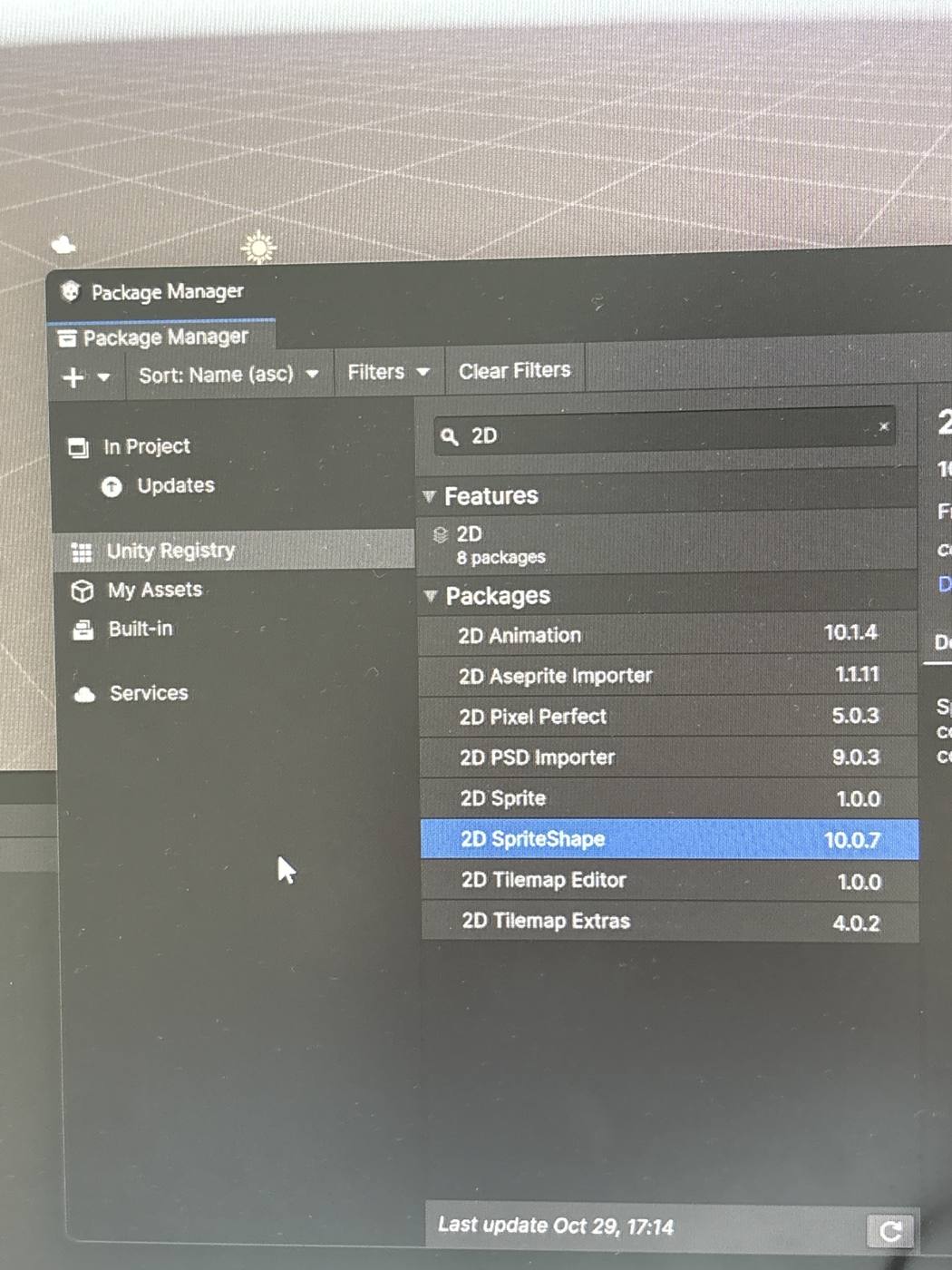 實拍 IMG_6576:Unity Registry 搜 2D,列表有 2D Sprite 1.0.0、2D SpriteShape 10.0.7